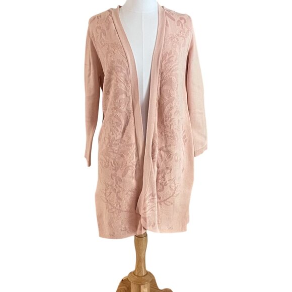 Chico's Petal/Blush Pink Long Open Cardigan, Duster, Floral, Jacquard, Tapestry - Picture 1 of 15